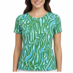 Lilly Pulitzer Karrie Crew Neck Finders Keepers Green Blue Print Stretch top S
